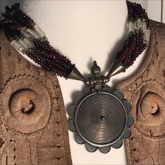 Wine, Green & Clear Glass Bead & Silver Necklace - Picture 2 of 4